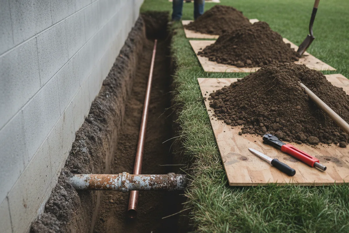 Excavated water line trench during Water Softener Installation in Ridgefield
